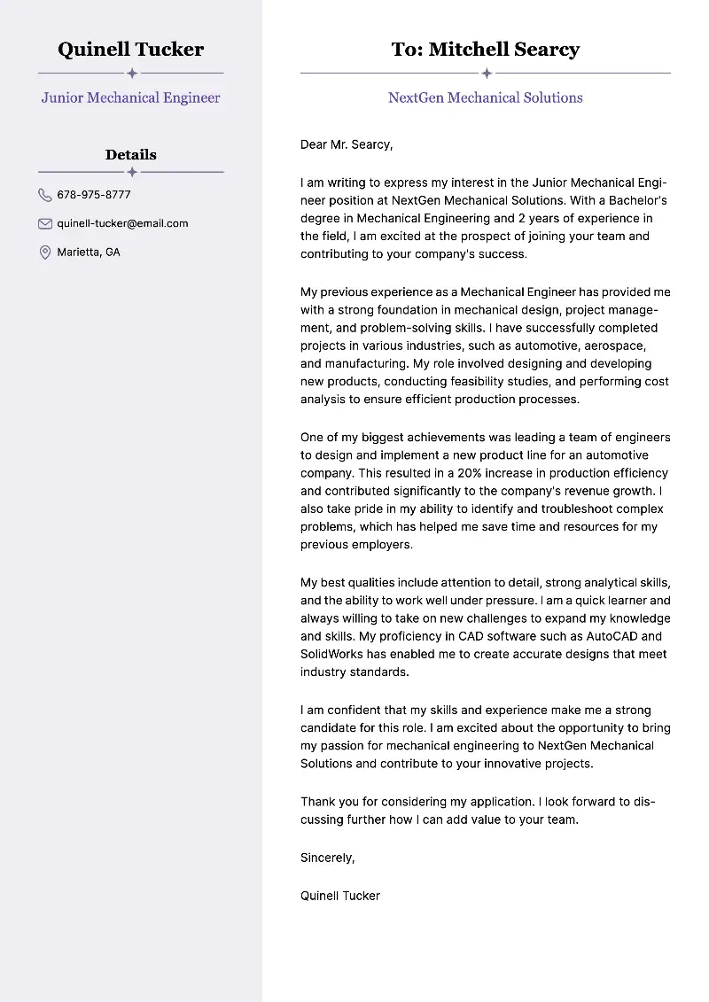 Junior Mechanical Engineer Cover Letter