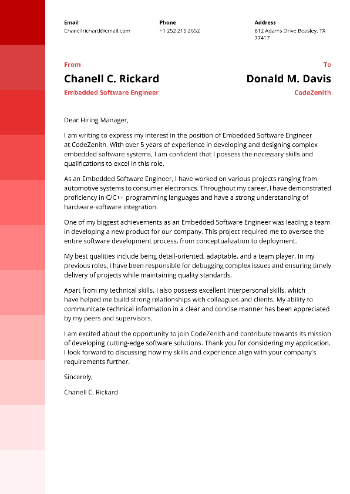 Embedded Software Engineer Cover Letter Embedded Software Engineer Cover Letter