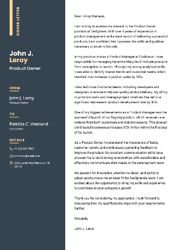 Product Owner Cover Letter Sample