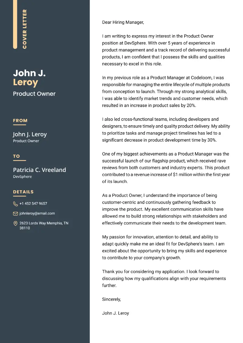 Product Owner Cover Letter Product Owner Cover Letter