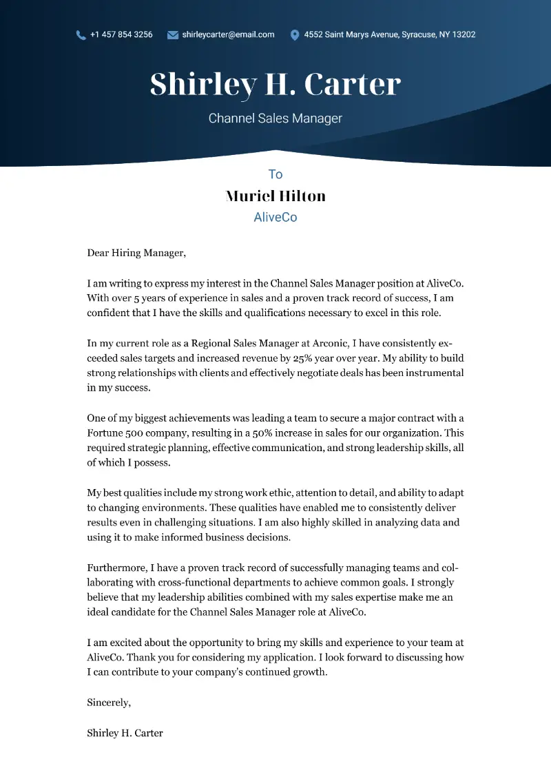 Channel Sales Manager Cover Letter Channel Sales Manager Cover Letter