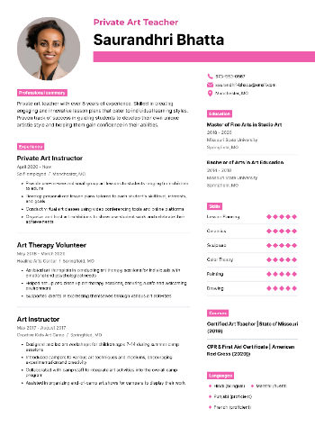 Private Art Teacher Resume Private Art Teacher Resume