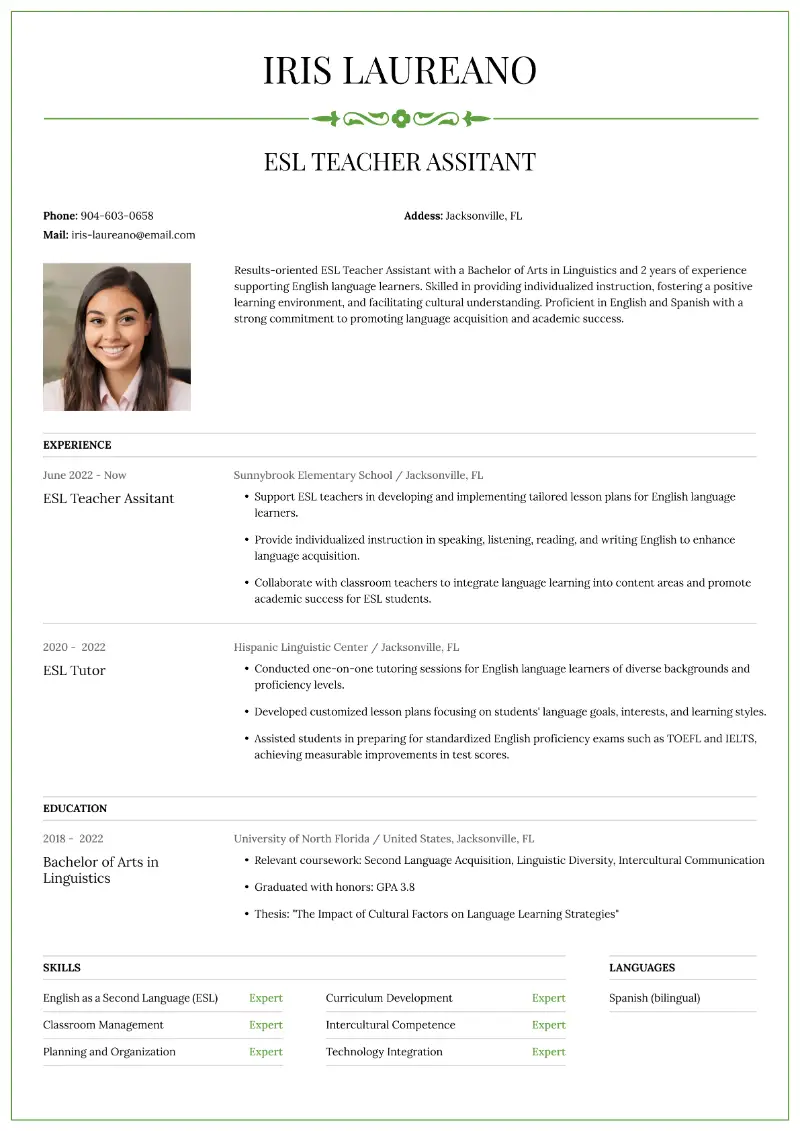 ESL Teacher Assitant Resume ESL Teacher Assitant Resume