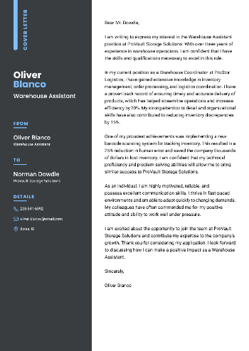 Warehouse Assistant Cover Letter Warehouse Assistant Cover Letter