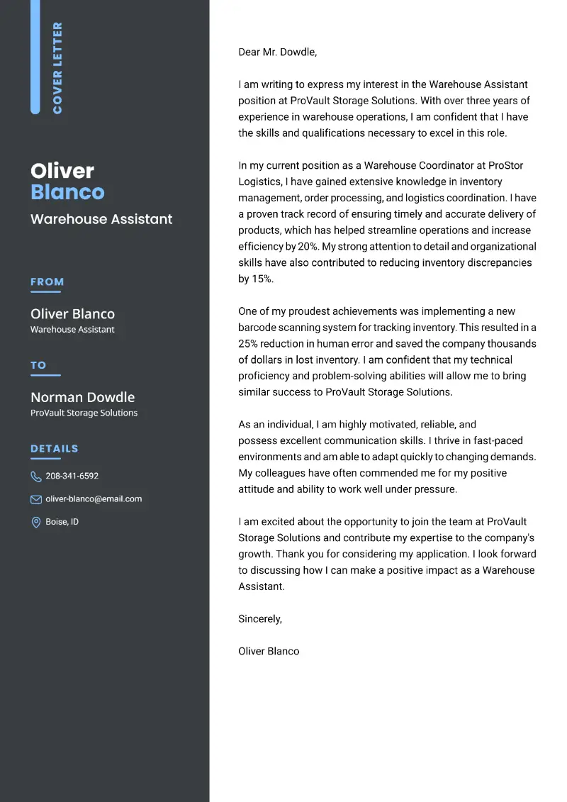 Warehouse Assistant Cover Letter Warehouse Assistant Cover Letter