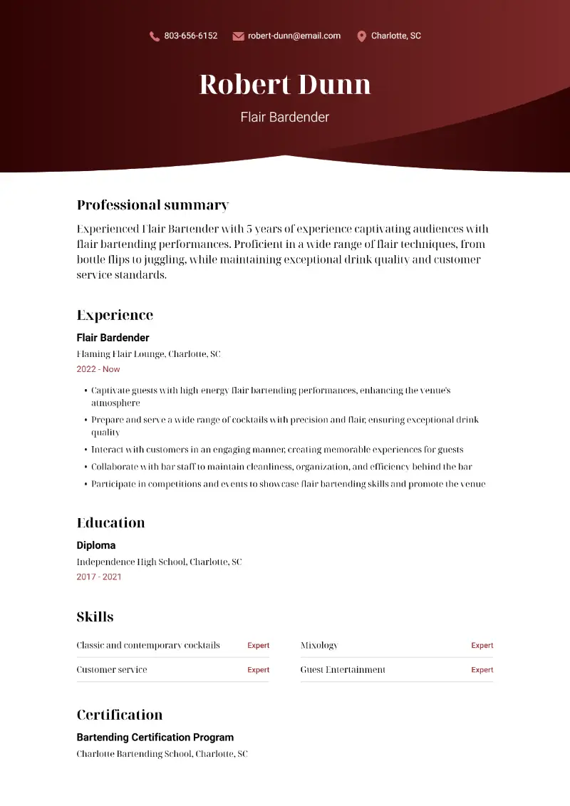 Flair Bardender Resume