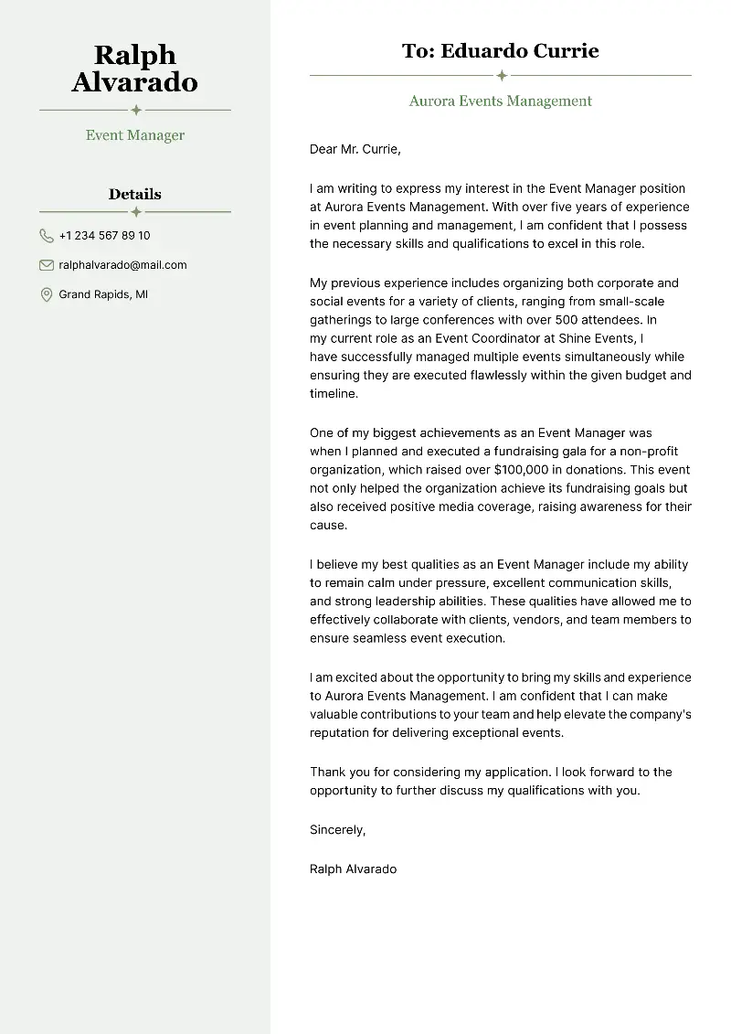 Event Manager Cover Letter