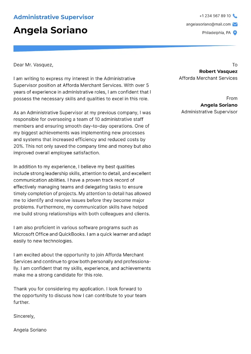 Administrative Supervisor Cover Letter Administrative Supervisor Cover Letter