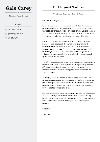 Medical Receptionist Cover Letter Sample