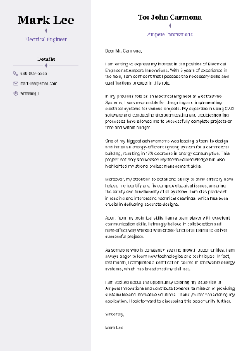 Electrical Engineer Cover Letter Sample