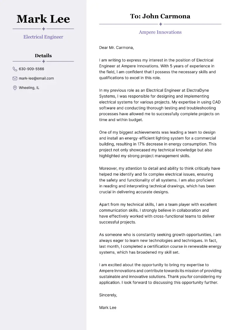 Electrical Engineer Cover Letter Electrical Engineer Cover Letter