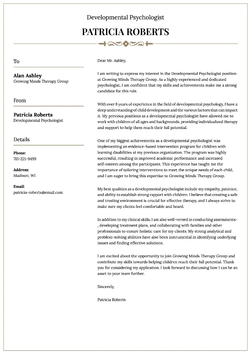 Developmental Psychologist Cover Letter Developmental Psychologist Cover Letter