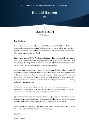 CEO Cover Letter Sample CEO Cover Letter Sample