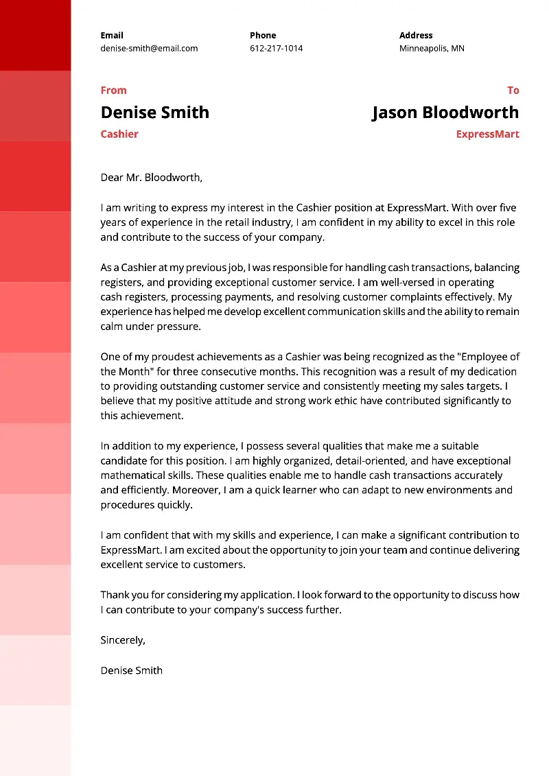 Cashier Cover Letter Cashier Cover Letter