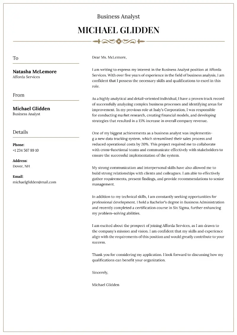 Business Analyst Cover Letter Business Analyst Cover Letter