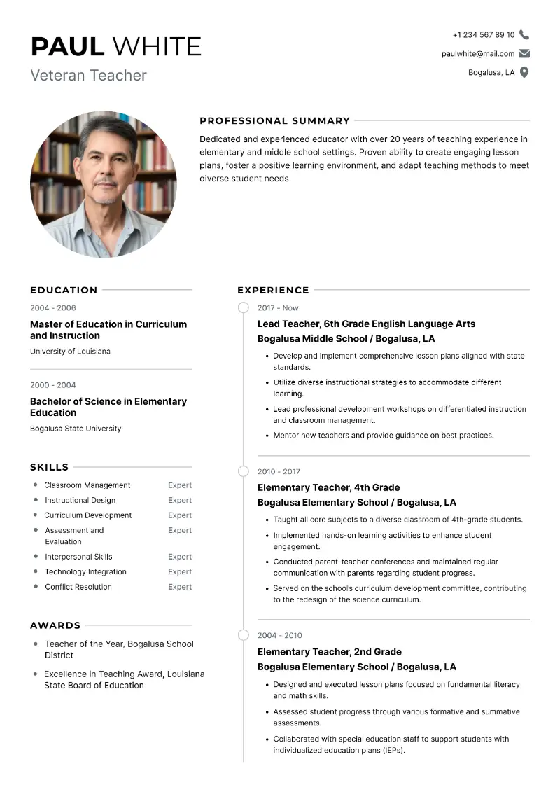 Veteran Teacher Resume Veteran Teacher Resume