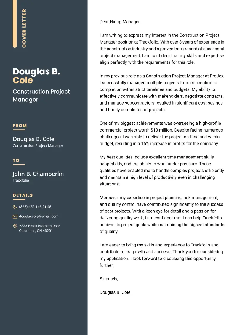 Construction Project Manager Cover Letter