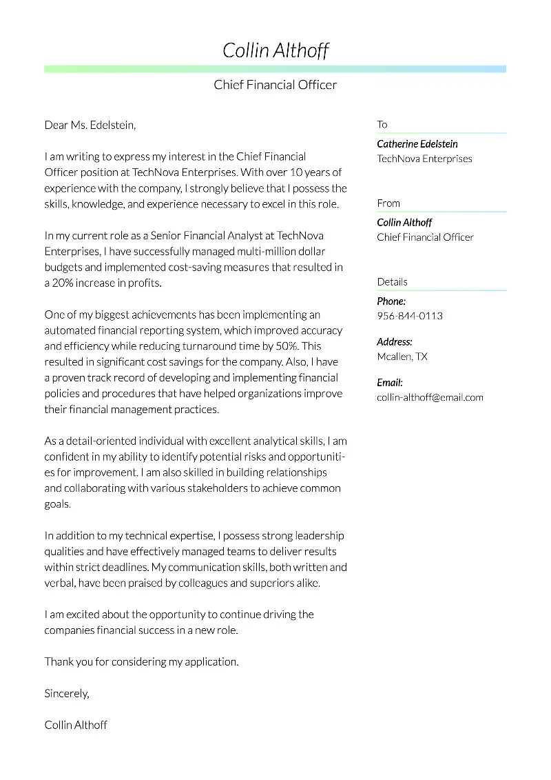 Chief Financial Officer Cover Letter Chief Financial Officer Cover Letter