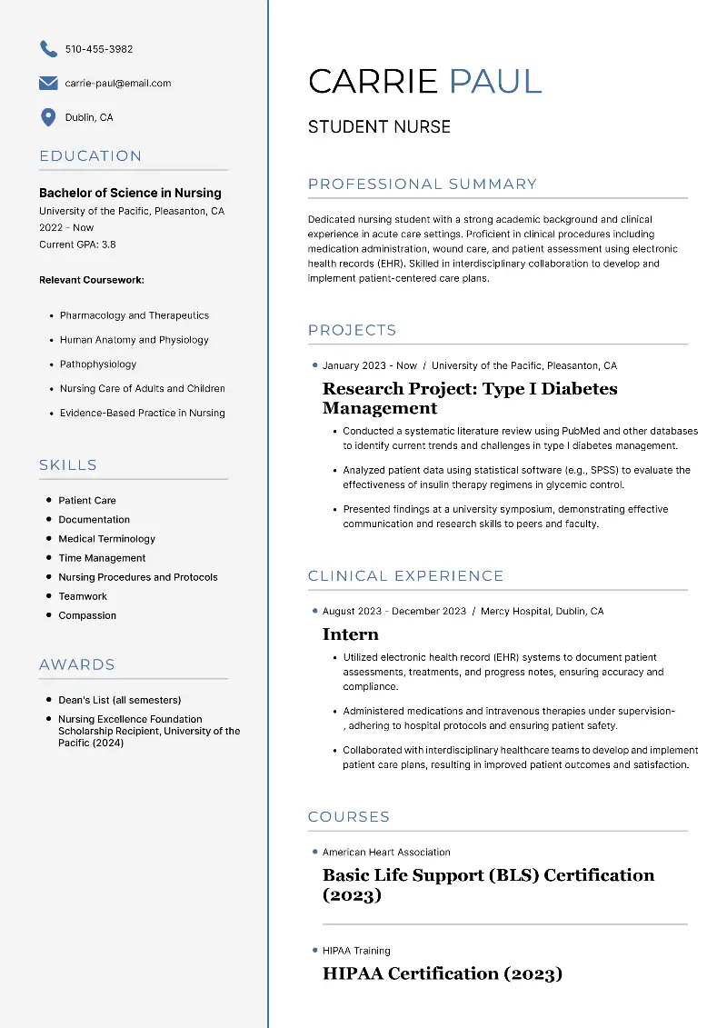 Nursing Student Resume Examples and Guidelines for 2024