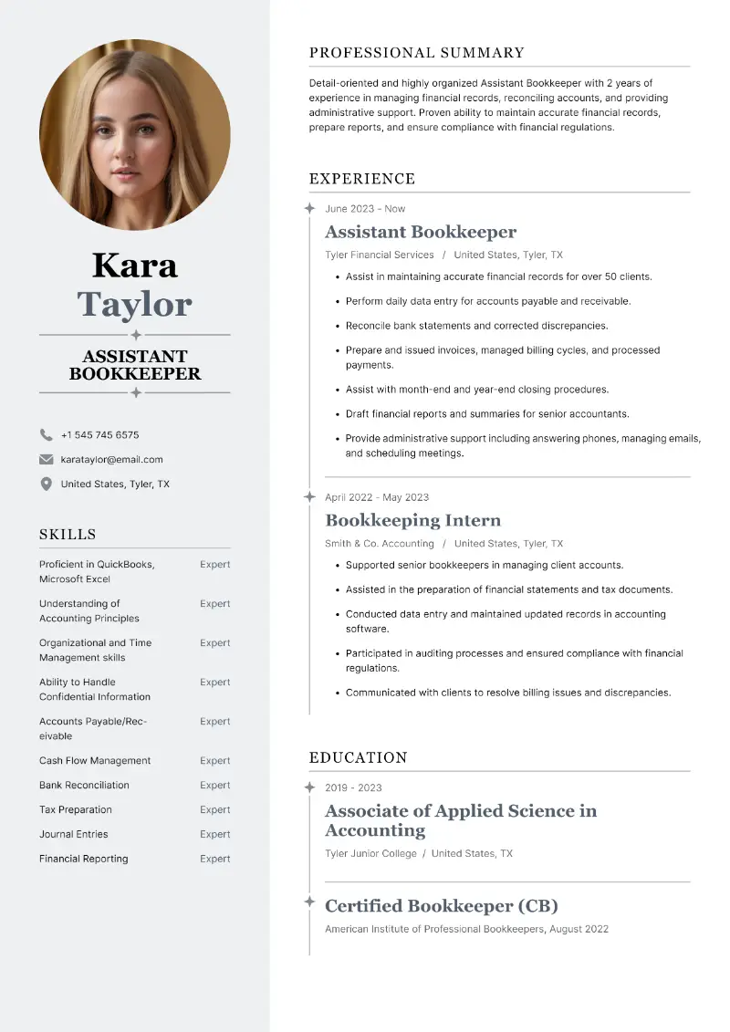 Assistant Bookkeeper Resume