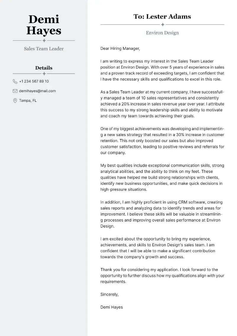 Sales Team Leader Cover Letter