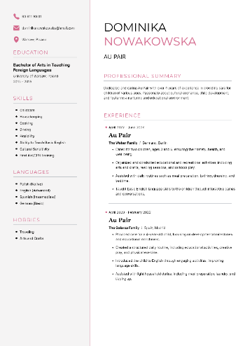 Au Pair Resume Au Pair Resume
