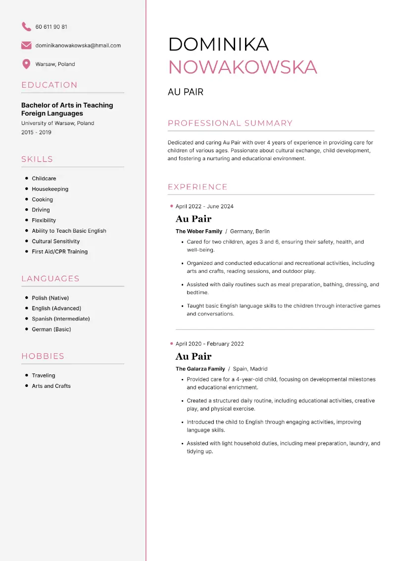 Au Pair Resume