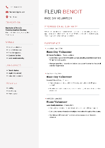 Race Day Volunteer Resume Race Day Volunteer Resume