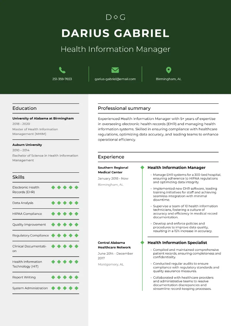 Health Information Manager Resume