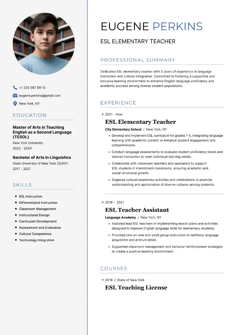 ESL Elementary Teacher Resume ESL Elementary Teacher Resume