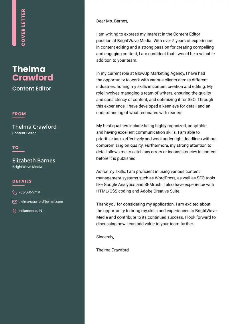 Content Editor Cover Letter