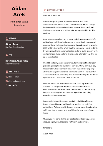 Part Time Sales Associate Cover Letter Sample