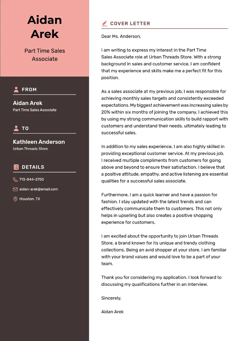 Part Time Sales Associate Cover Letter Part Time Sales Associate Cover Letter