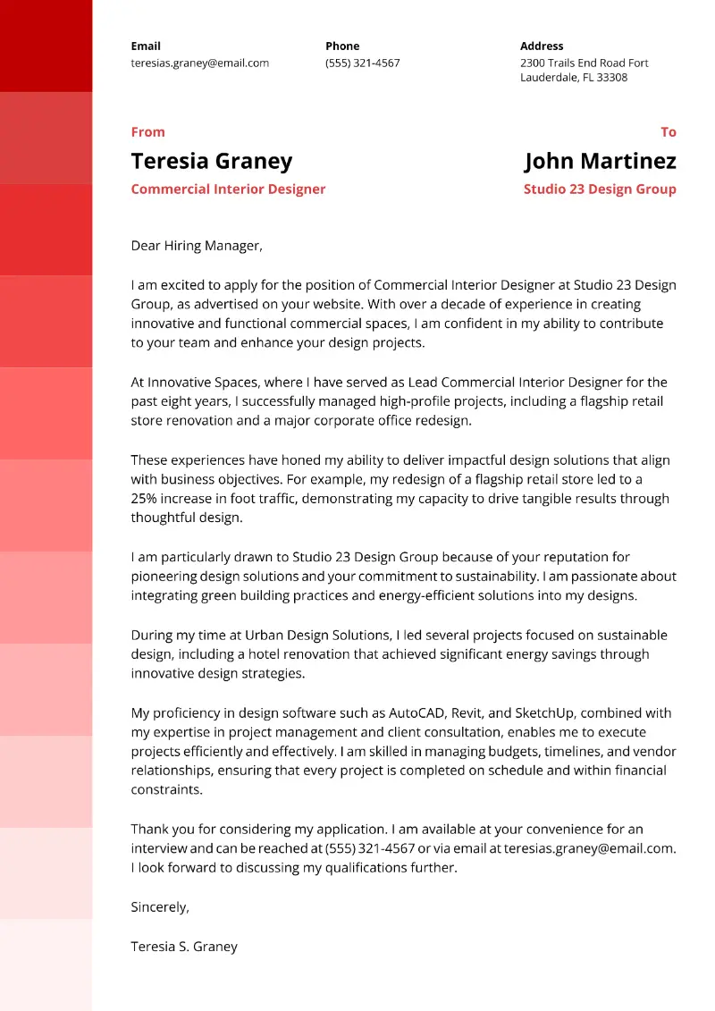 Commercial Interior Designer Cover Letter