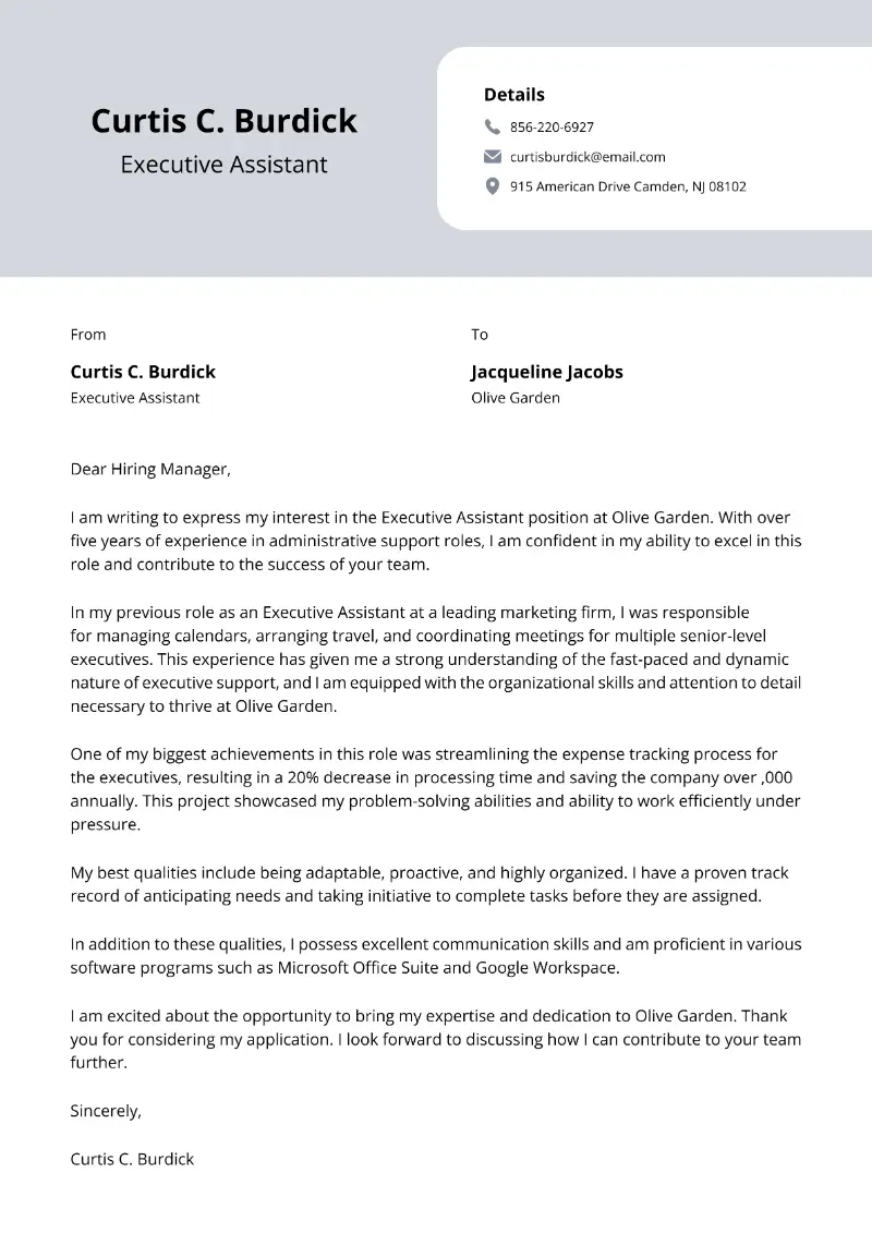 Executive Assistant Cover Letter Executive Assistant Cover Letter