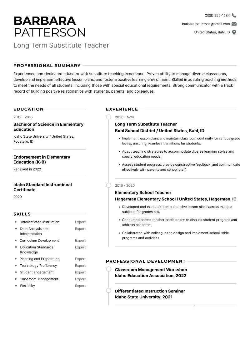 Long Term Substitute Teacher Resume