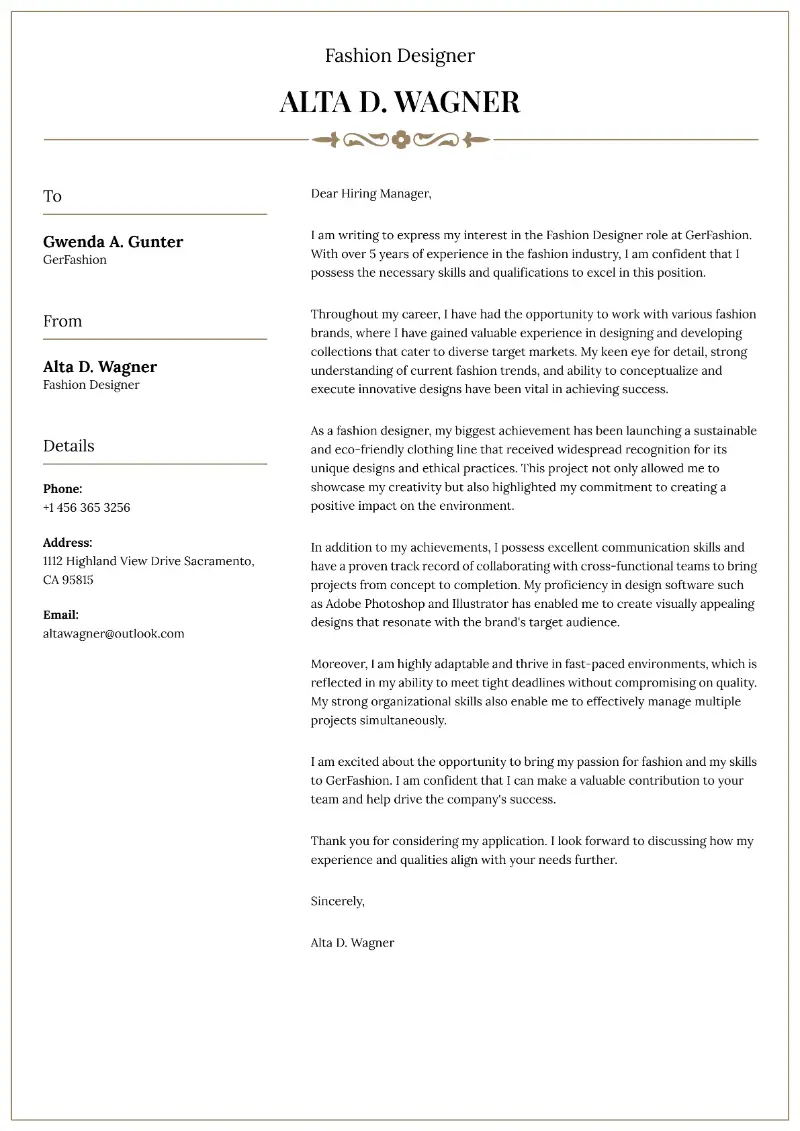 Fashion Designer Cover Letter Fashion Designer Cover Letter