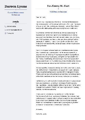 General Maintenance Technician Cover Letter Example General Maintenance Technician Cover Letter Example