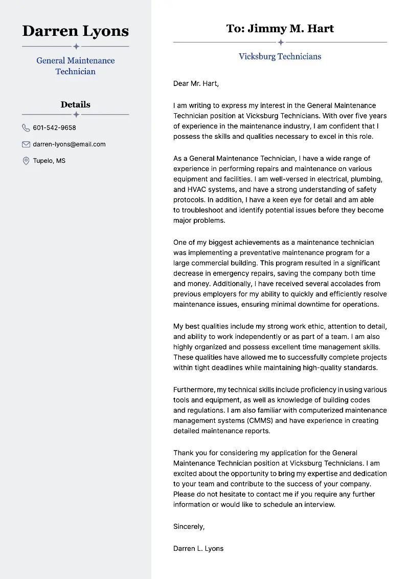 General Maintenance Technician Cover Letter General Maintenance Technician Cover Letter