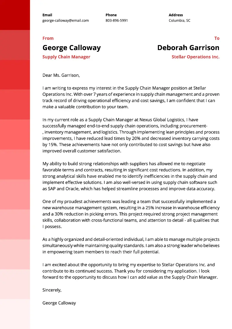 Supply Chain Manager Cover Letter Supply Chain Manager Cover Letter