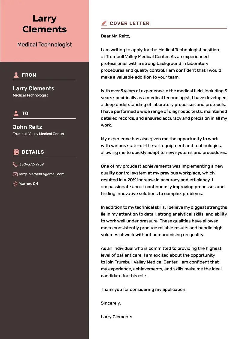 Medical Technologist Cover Letter Medical Technologist Cover Letter