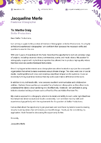 Freelance Videographer Cover Letter Freelance Videographer Cover Letter