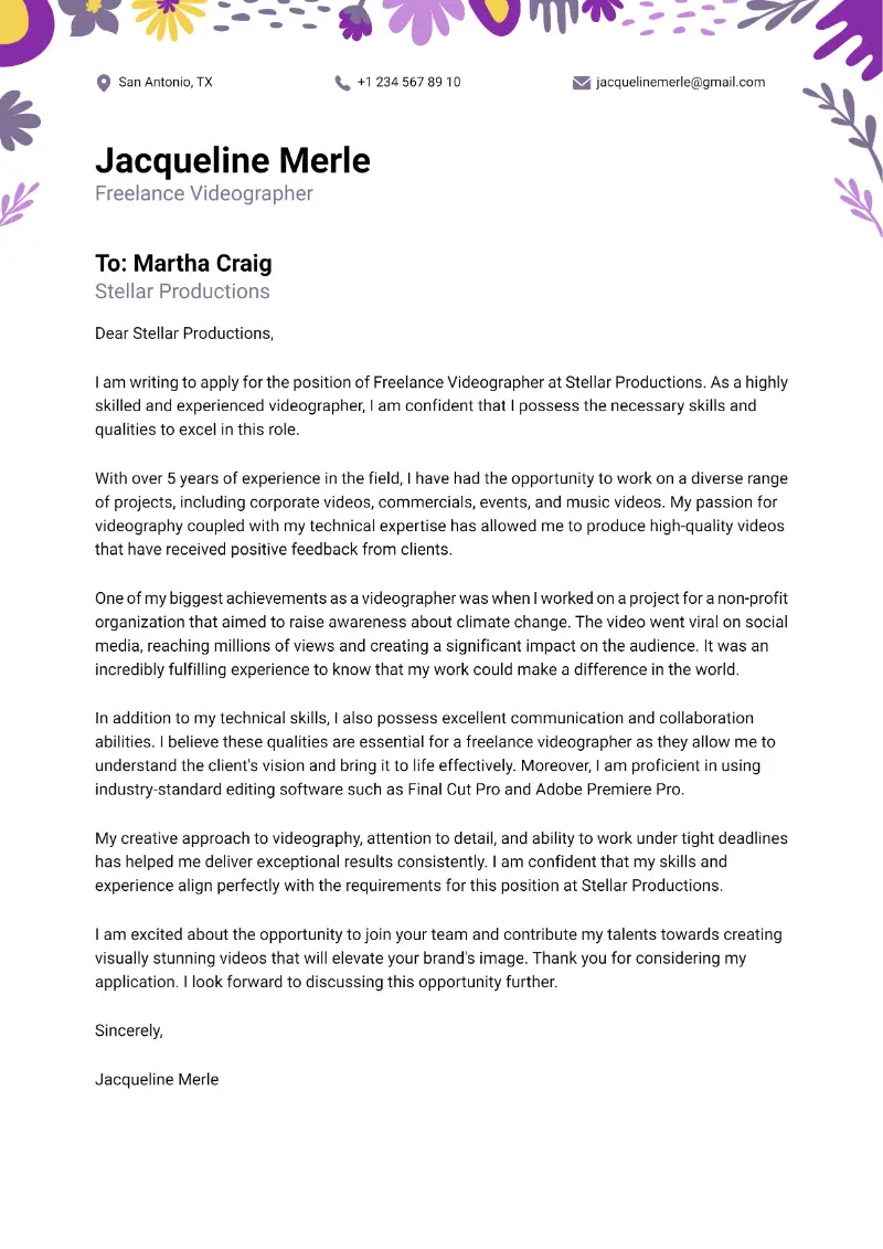 Freelance Videographer Cover Letter