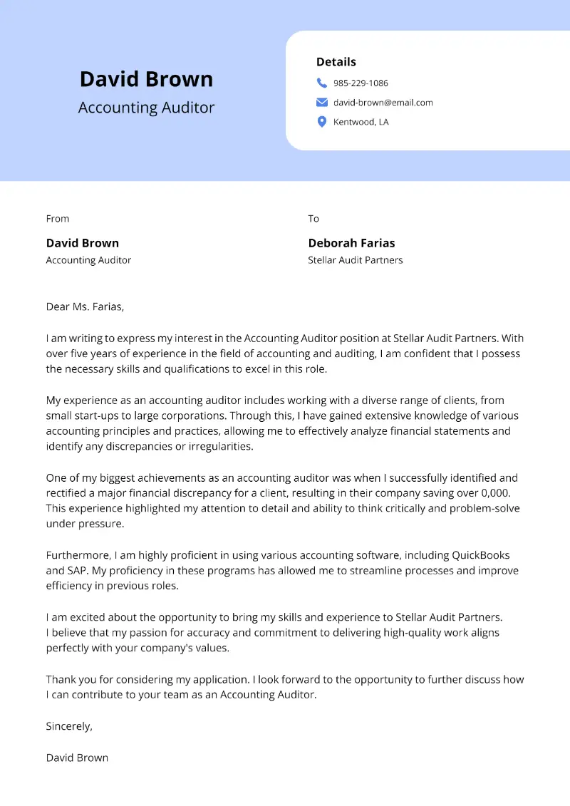 Accounting Auditor Cover Letter Accounting Auditor Cover Letter