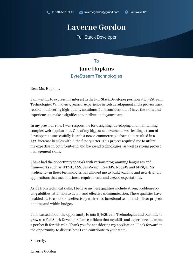 Full Stack Developer Cover Letter Full Stack Developer Cover Letter