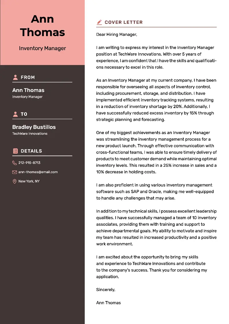 Inventory Manager Cover Letter Inventory Manager Cover Letter