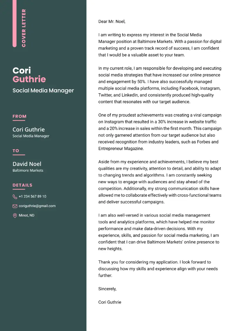 Social Media Manager Cover Letter