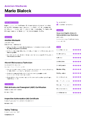 Aviation Mechanic Resume