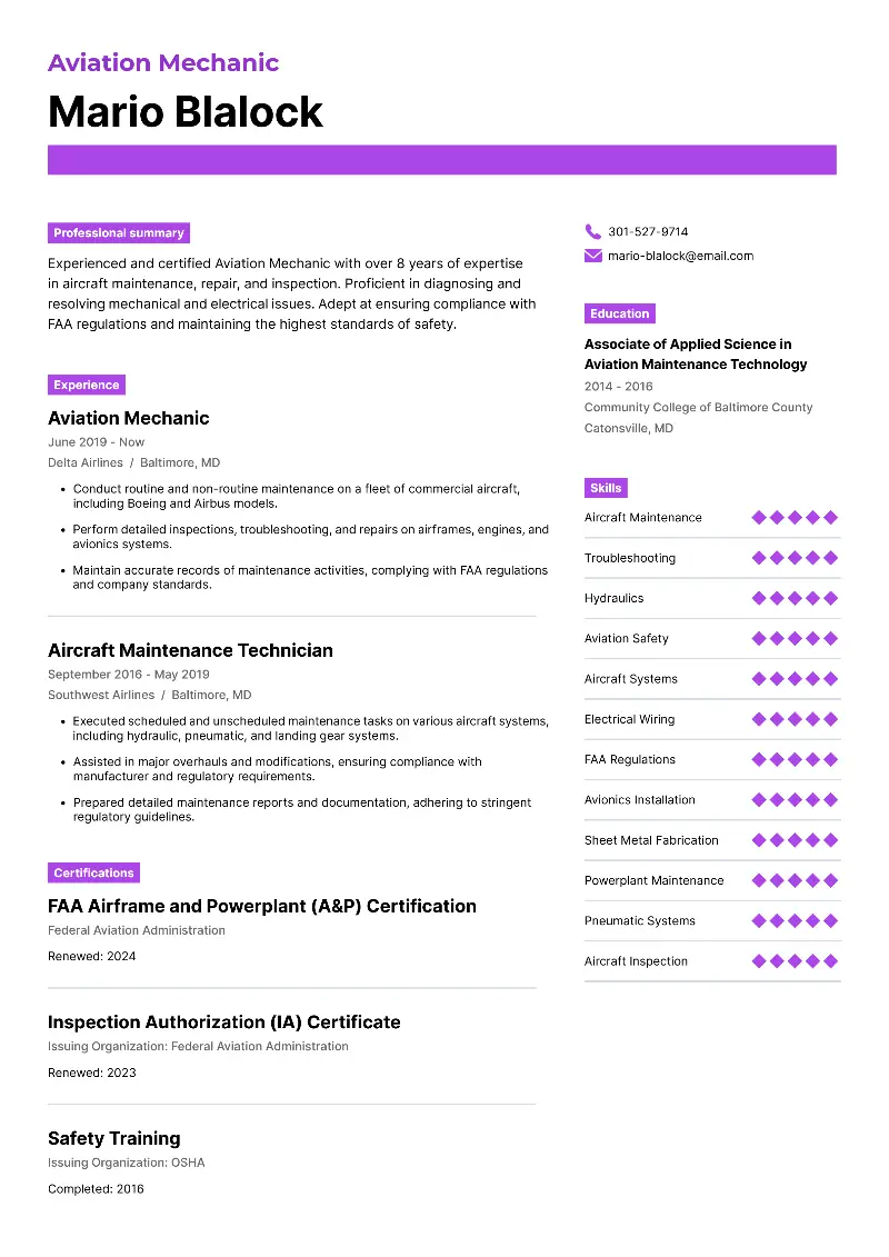 Aviation Mechanic Resume Aviation Mechanic Resume