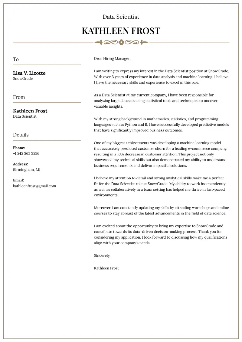 Data Scientist Cover Letter Data Scientist Cover Letter